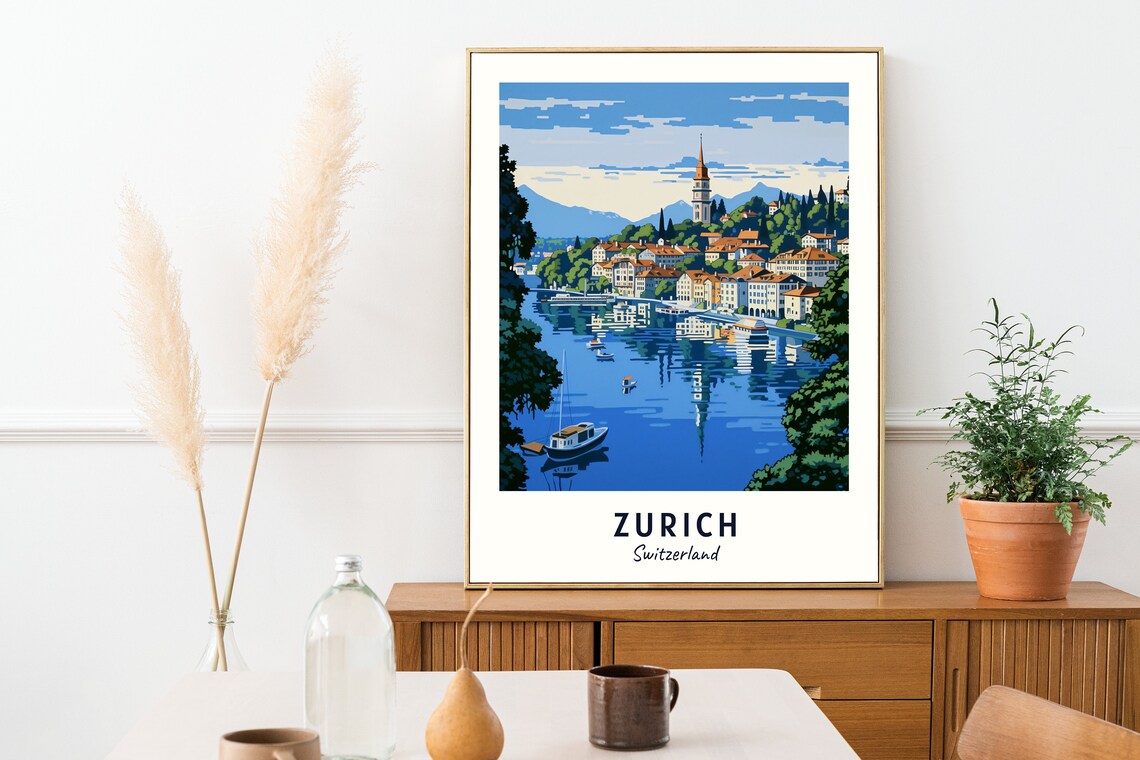 Zurich Switzerland Daytime Lake Boats Old Town Travel Poster - Image 2