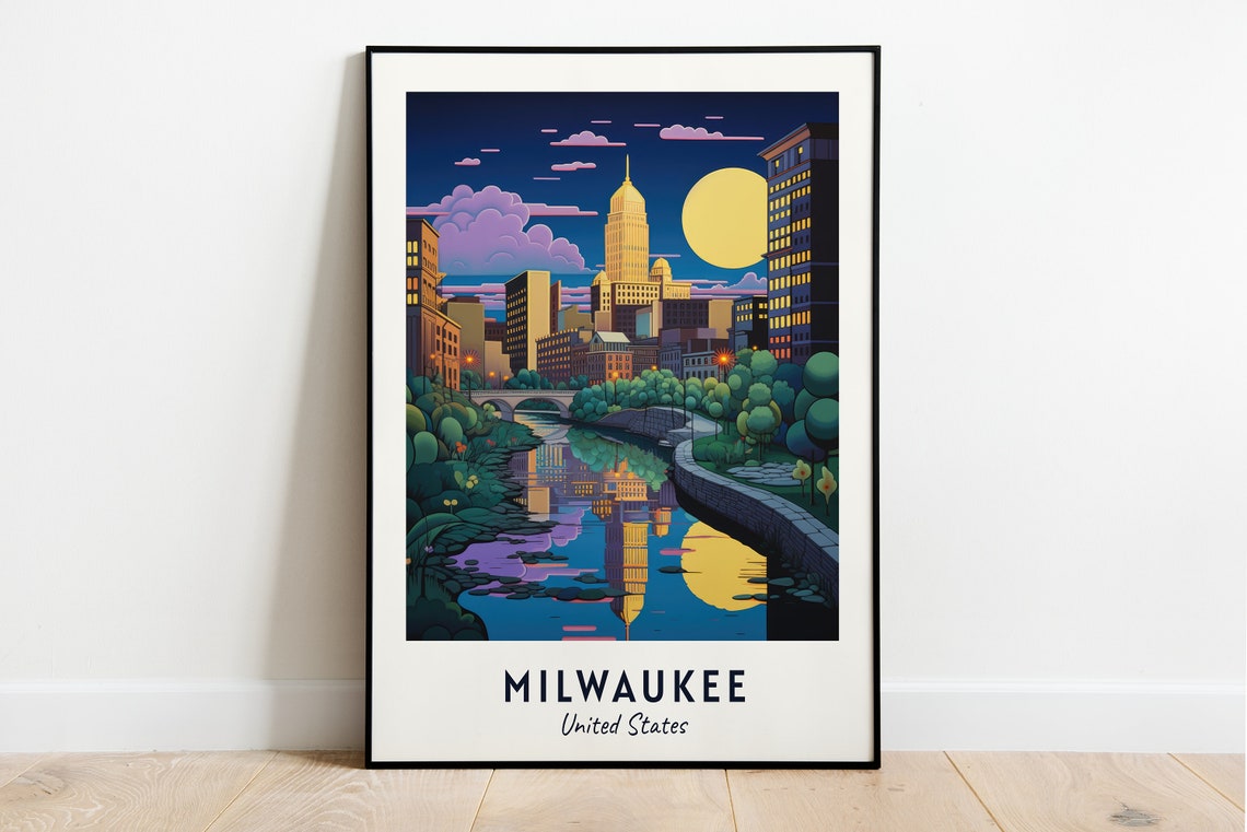 Milwaukee Wisconsin Moonlit Skyline River Reflection Night Poster