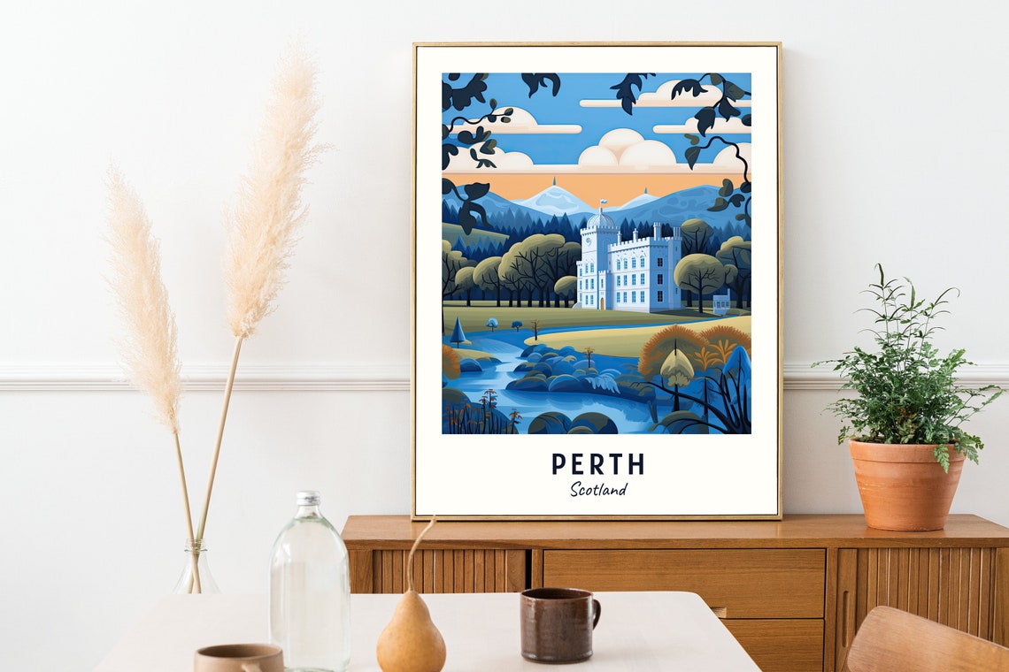 Perth Scotland Castle Palace Twilight Lake Illustrated Travel Poster - Image 2