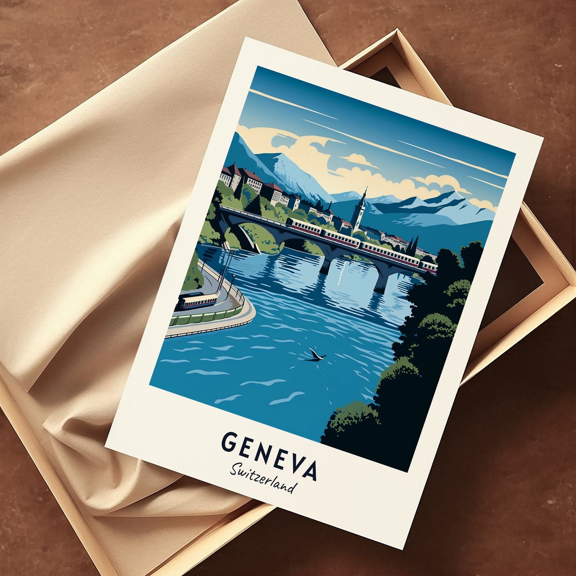 Geneva Switzerland River Bridge Alpine Mountain View Travel Poster - Image 3
