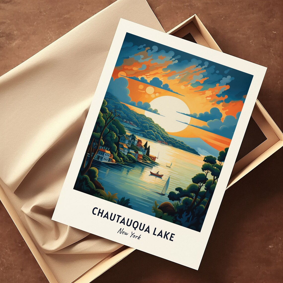 Chautauqua Lake New York Sunset Sailboats Lakeside Hills Scene Poster - Image 3