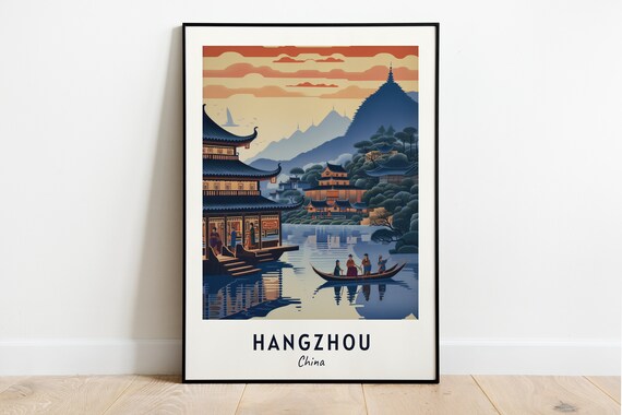 West Lake Pagodas at Sunset Hangzhou China Heritage Travel Poster