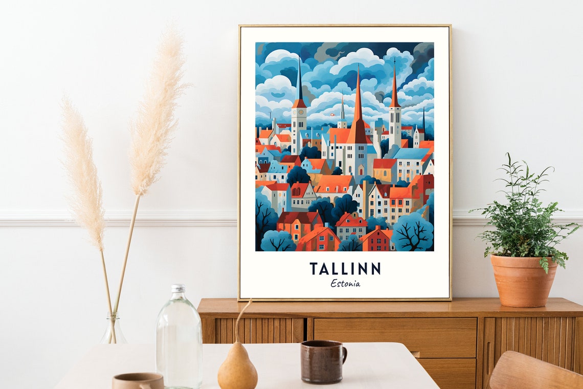 Tallinn Estonia Old Town Spires Dramatic Cloudy Sky Travel Poster - Image 2