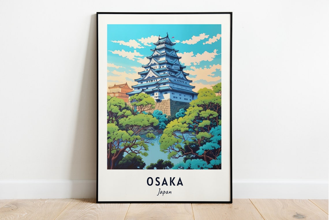 Osaka Japan White Castle Tower Lush Green Trees Scenic Travel Poster