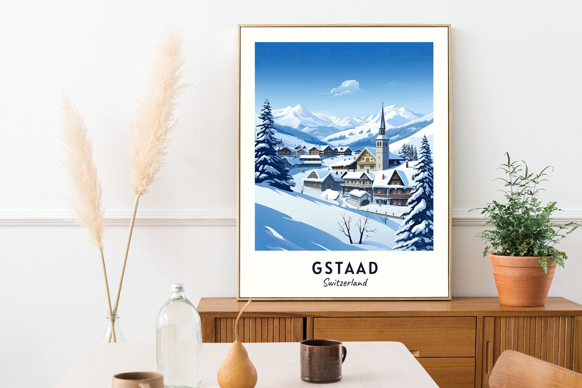 Gstaad Switzerland Church Tower and Snowy Chalets Winter Poster - Image 2
