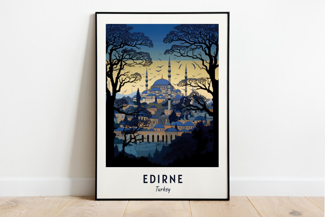 Edirne Turkey Mosque Silhouette Dusk Minimalist Travel Poster