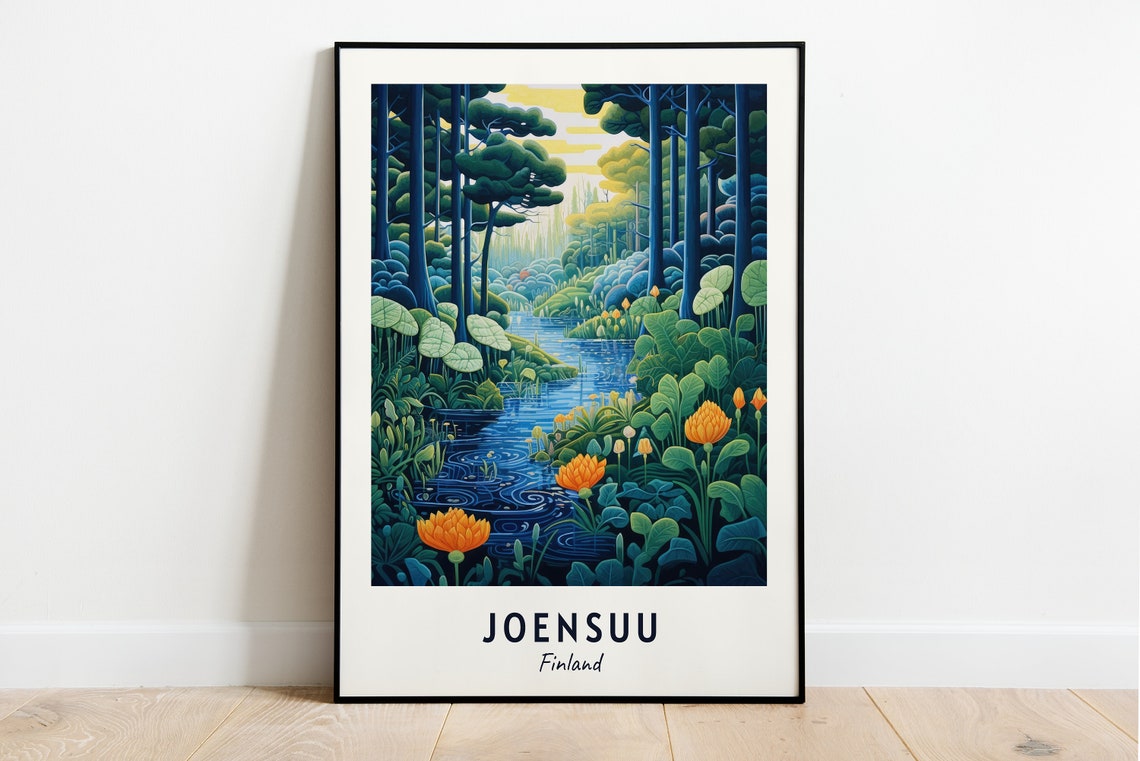 Joensuu Lush Forest Stream with Golden Wildflowers in Finland Poster