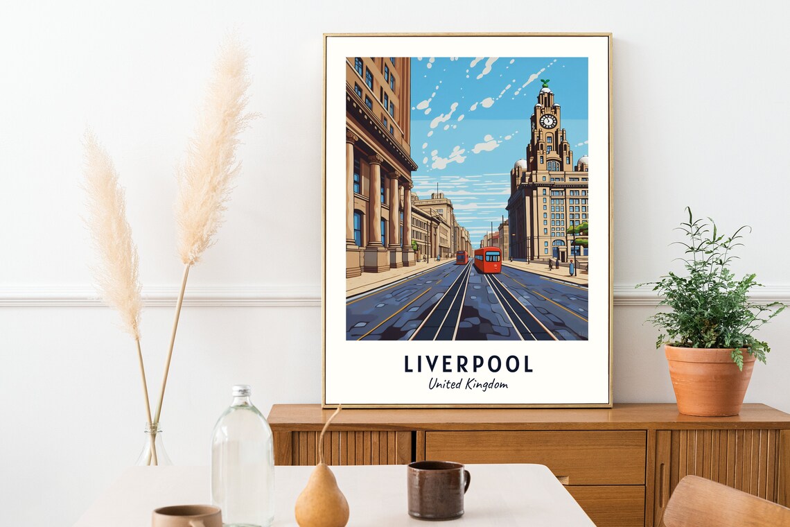 Liverpool UK Royal Liver Building Bus Avenue Travel Poster Home Decor - Image 2