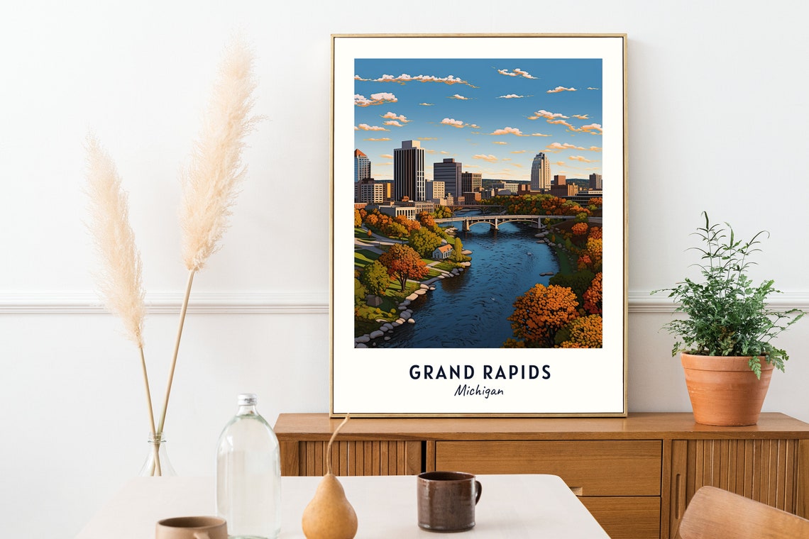 Golden Autumn Grand Rapids Michigan Foliage River Cityscape Poster - Image 2