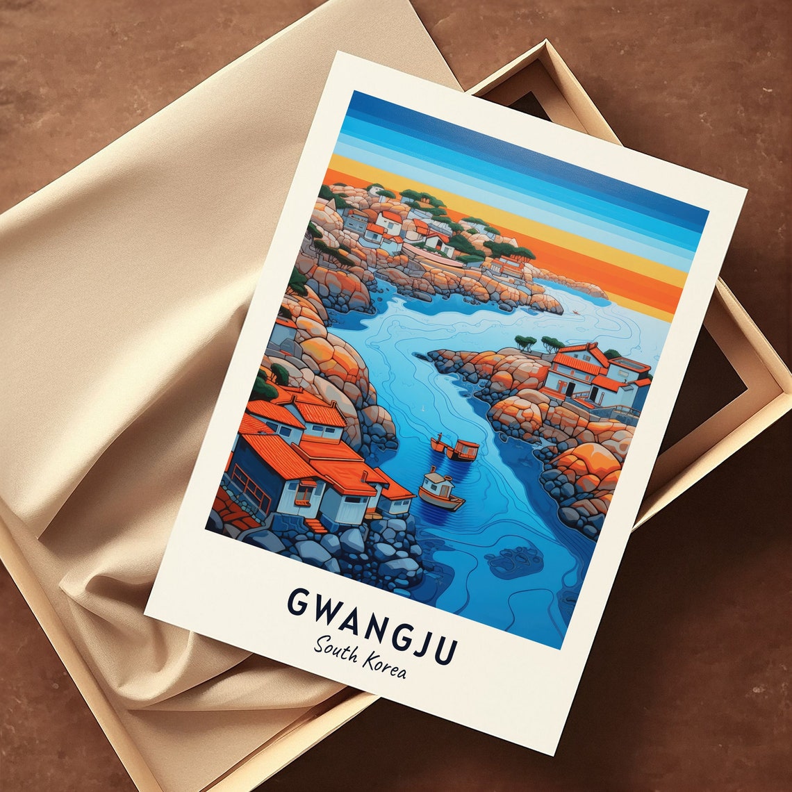 Gwangju South Korea Sunset Over Rocky Fishing Village Cove Poster - Image 3