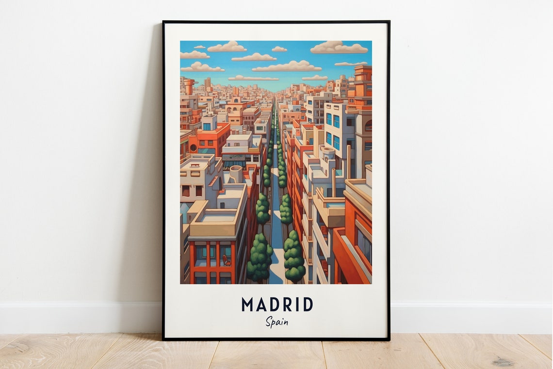 Madrid Spain Tree Lined City Avenue Aerial View Travel Poster