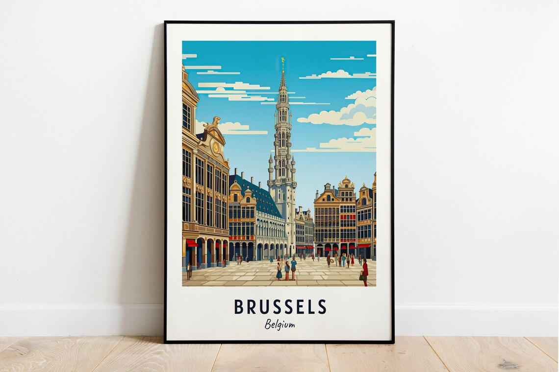 Brussels Belgium Grand Place Town Hall Spire Europe Travel Poster