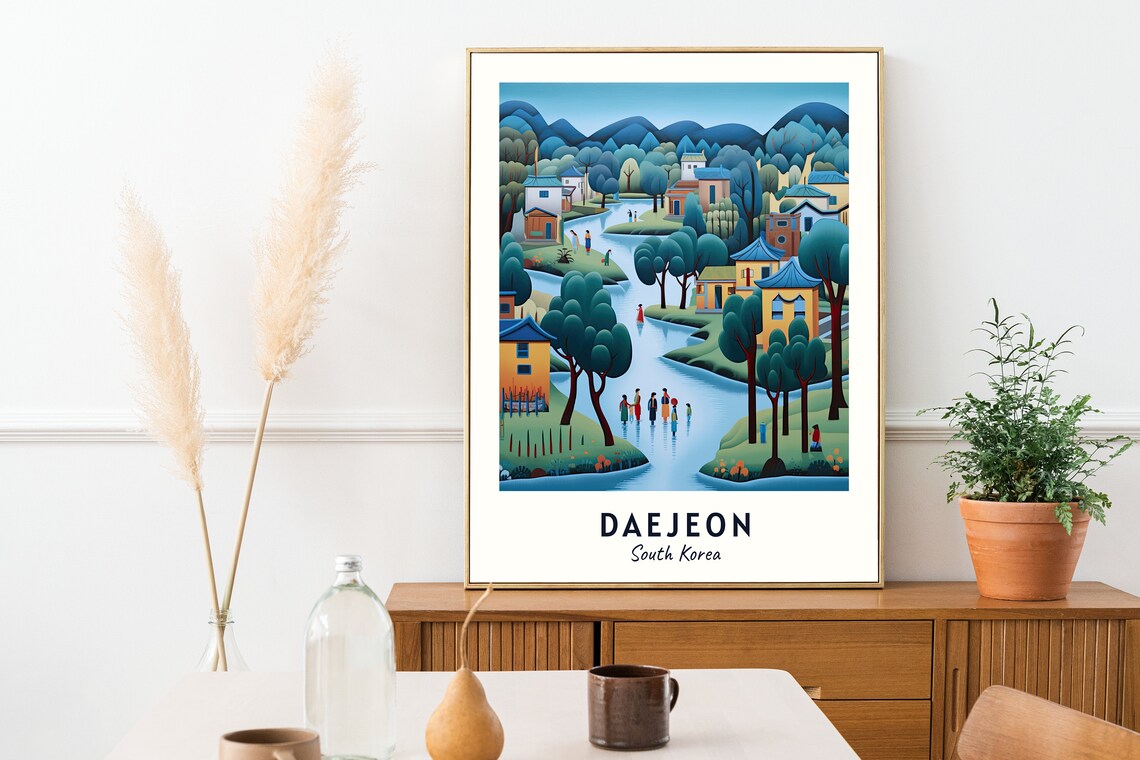 Daejeon South Korea Folk Art Village Riverside Houses Hills Travel Poster - Image 2
