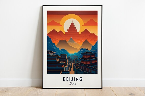 Beijing China Mountain Pagoda Sunset Silhouette City Travel Poster