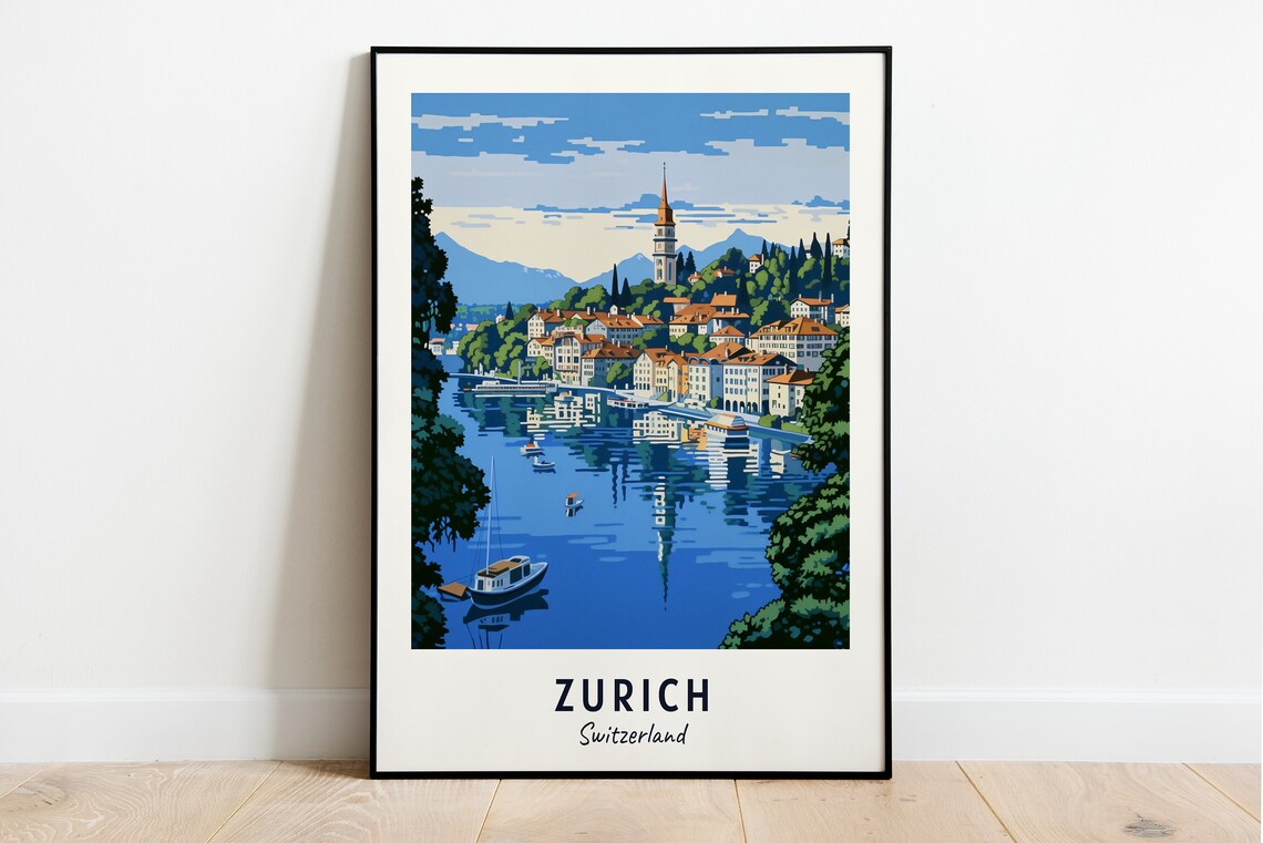Zurich Switzerland Daytime Lake Boats Old Town Travel Poster