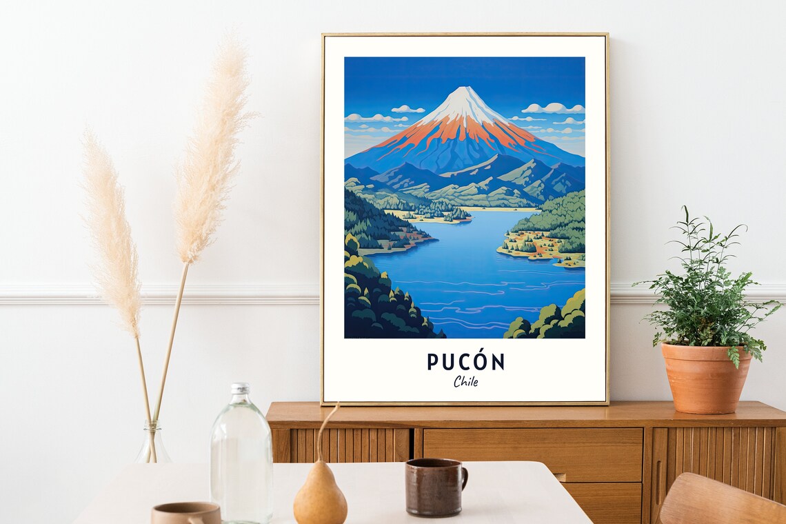Pucón Chile Snow Capped Villarrica Volcano Over Blue Lake Poster - Image 2