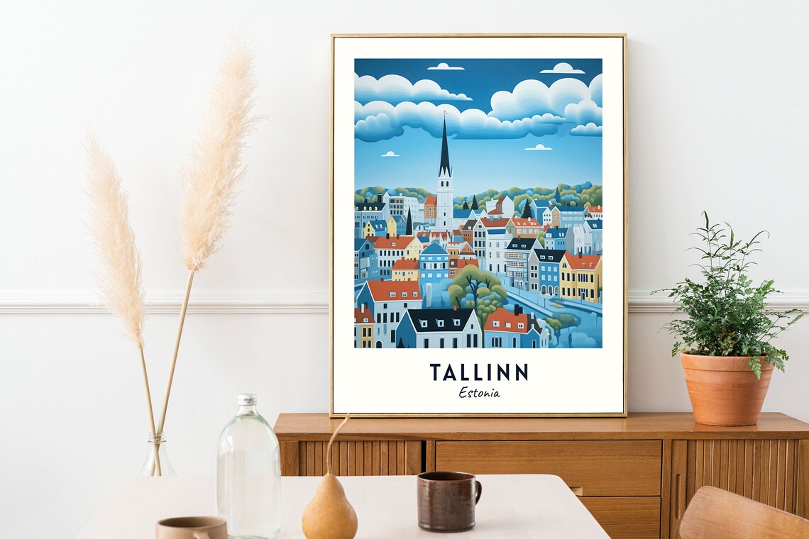 Tallinn Colorful Old Town Church Spire Cloudy Sky Travel Poster - Image 2