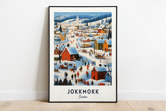 Snowy Winter Market Village with Horse Sleighs Jokkmokk Sweden Poster