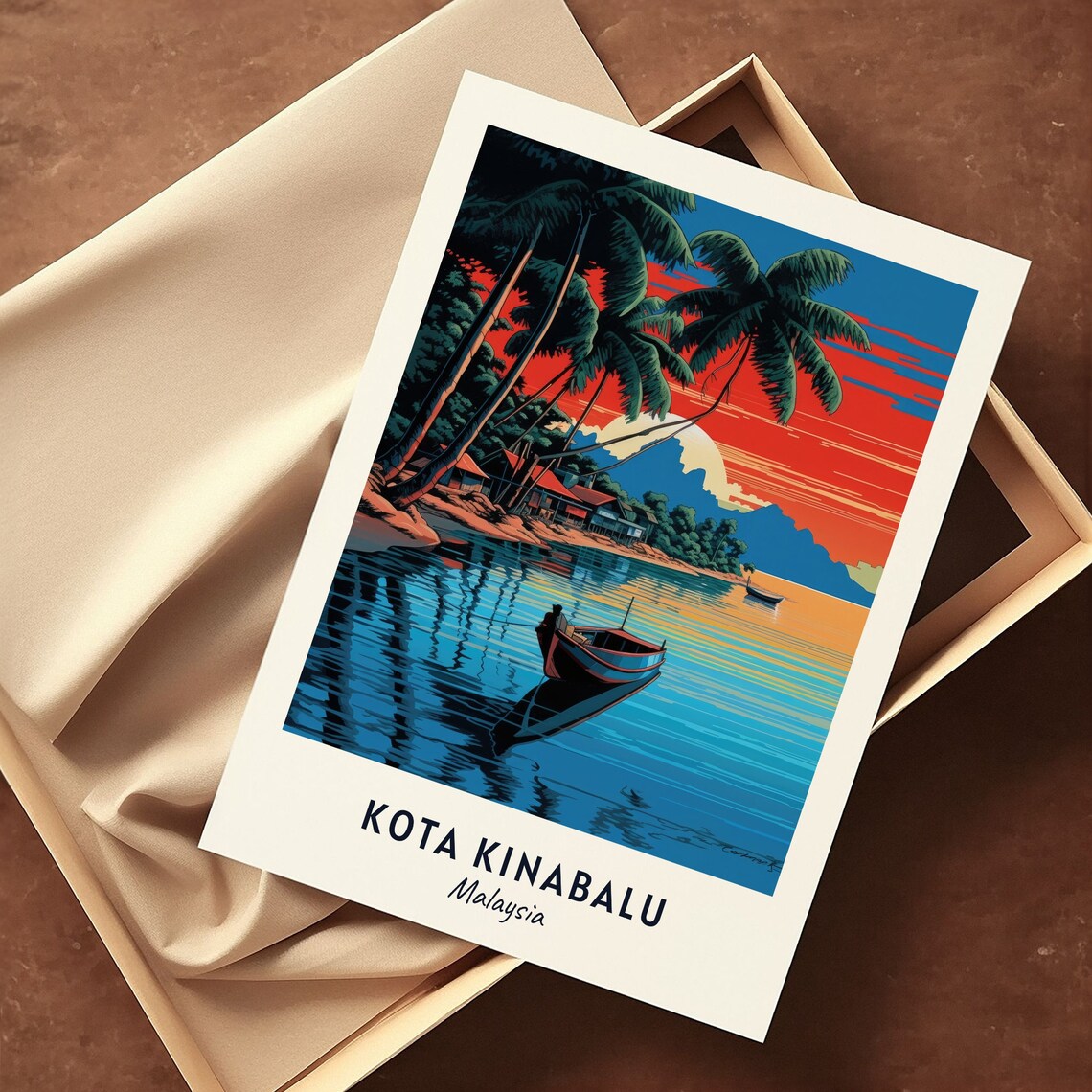 Kota Kinabalu Malaysia Fiery Sunset Beach Palms Travel Poster - Image 3