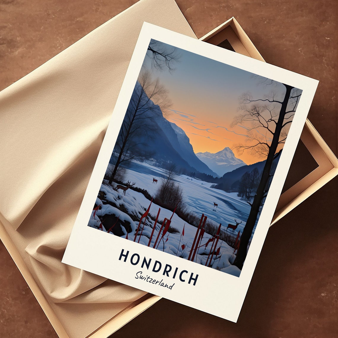 Hondrich Switzerland Winter Lake Sunset Deer Alpine Travel Poster - Image 3