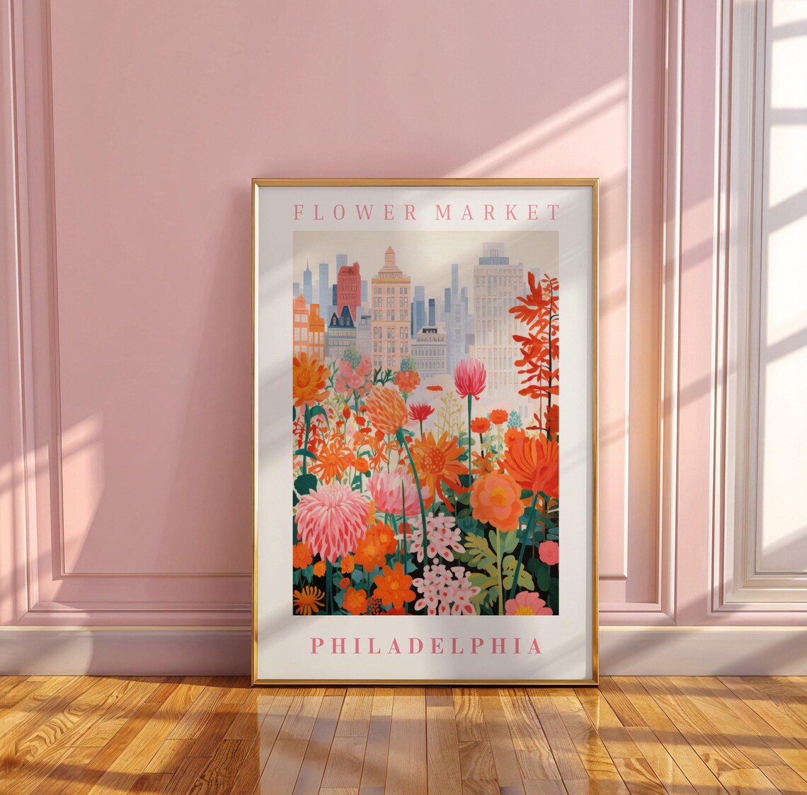 Philadelphia Flower Market Poster with Orange Dahlia Skyline - Image 3