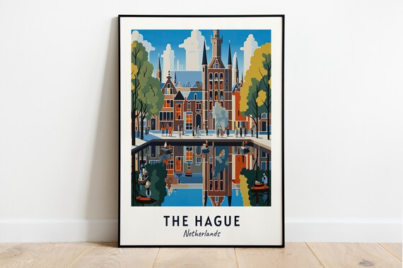 The Hague Netherlands Canal Reflection Historic Center Travel Poster