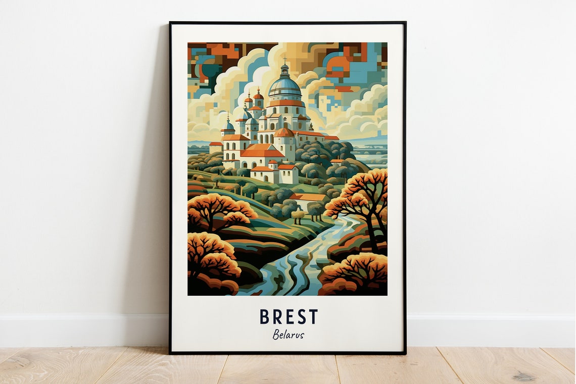 Brest Belarus Cathedral On The Hill River Valley Travel Poster