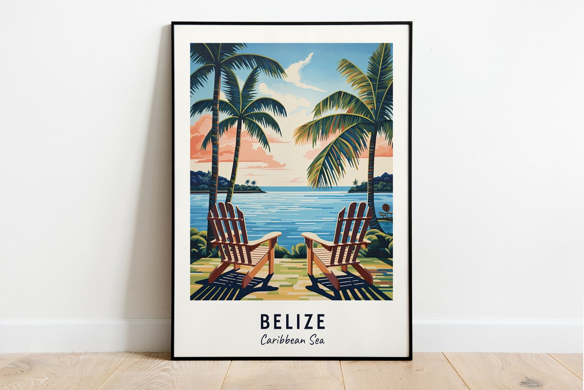 Belize Caribbean Sea Sunset Beach Chairs Palms Travel Poster