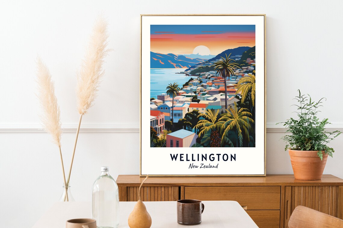Wellington New Zealand Harbor City Sunset Over Palm Hills Poster - Image 2