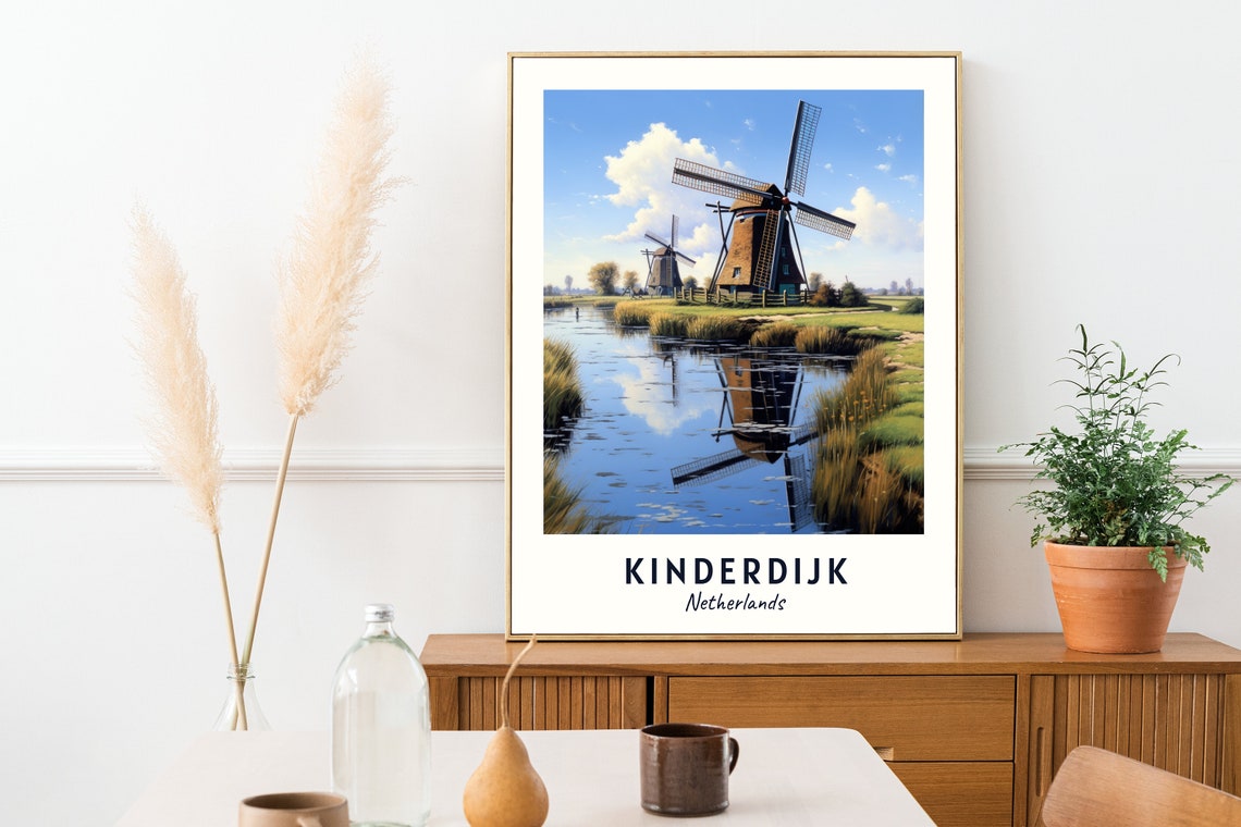 Kinderdijk Netherlands Windmills Canal Reflection Travel Poster - Image 2