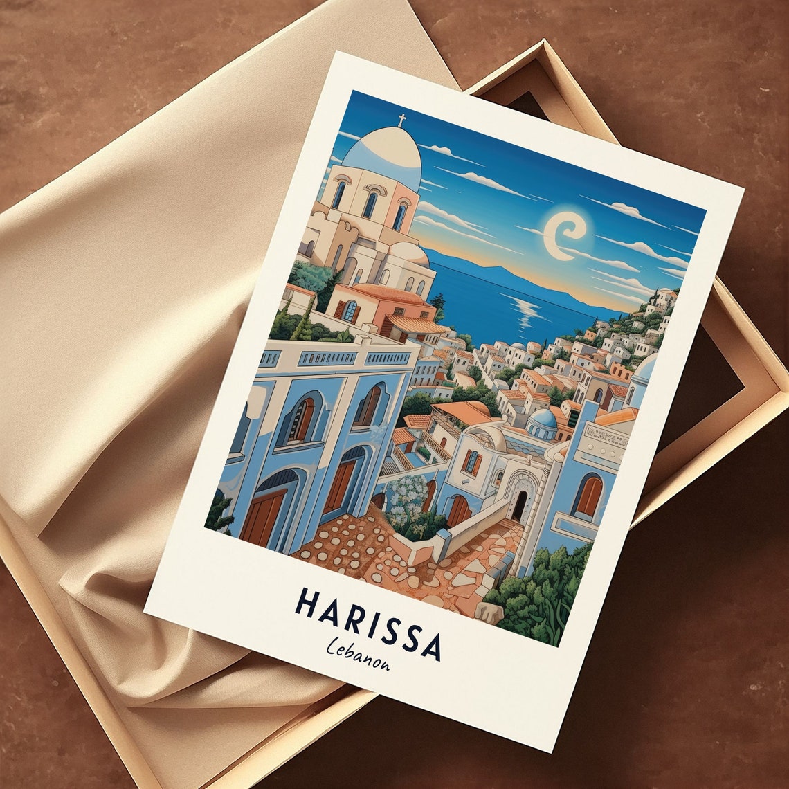 Harissa Lebanon Coastal Hillside Town Crescent Moon Sea Poster - Image 3