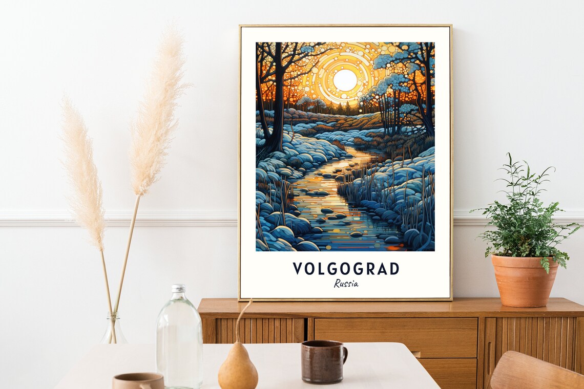 Volgograd Winter Snowy Stream Glowing Sunset Woods Travel Poster - Image 2