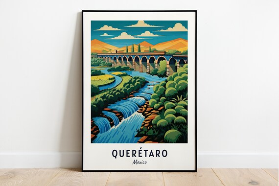 Querétaro Mexico Historic Stone Aqueduct River Waterfall Travel Poster