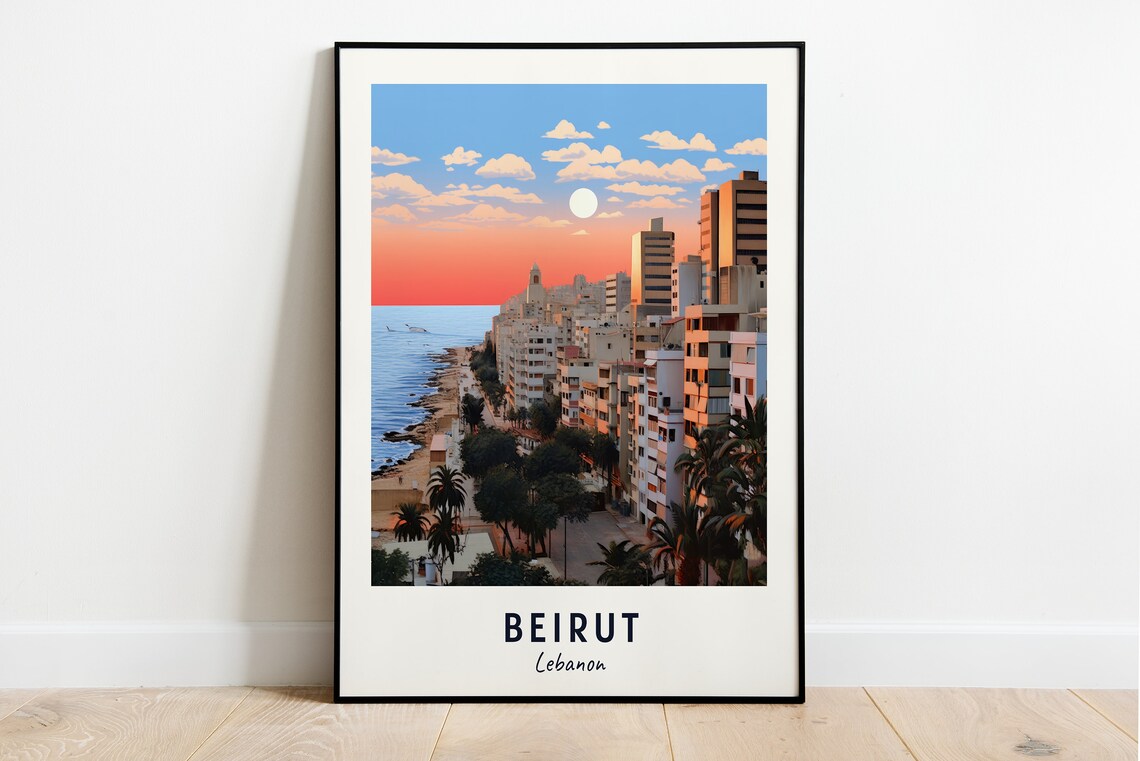 Beirut Lebanon Sunset Coastal City Skyline Vintage Travel Poster