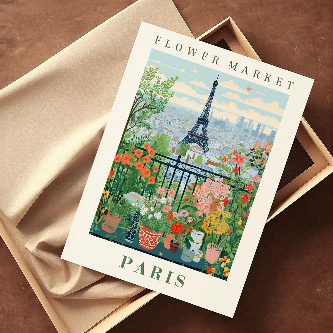 Paris Flower Market Eiffel Tower Balcony Garden Travel Poster