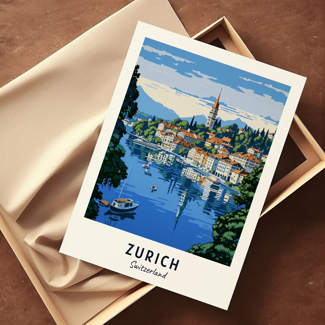 Zurich Switzerland Daytime Lake Boats Old Town Travel Poster - Image 3