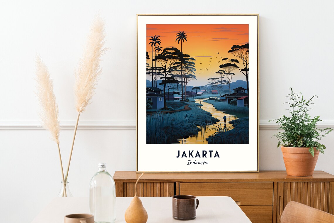 Jakarta Riverside Village With Palms at Sunset Indonesia Travel Poster - Image 2