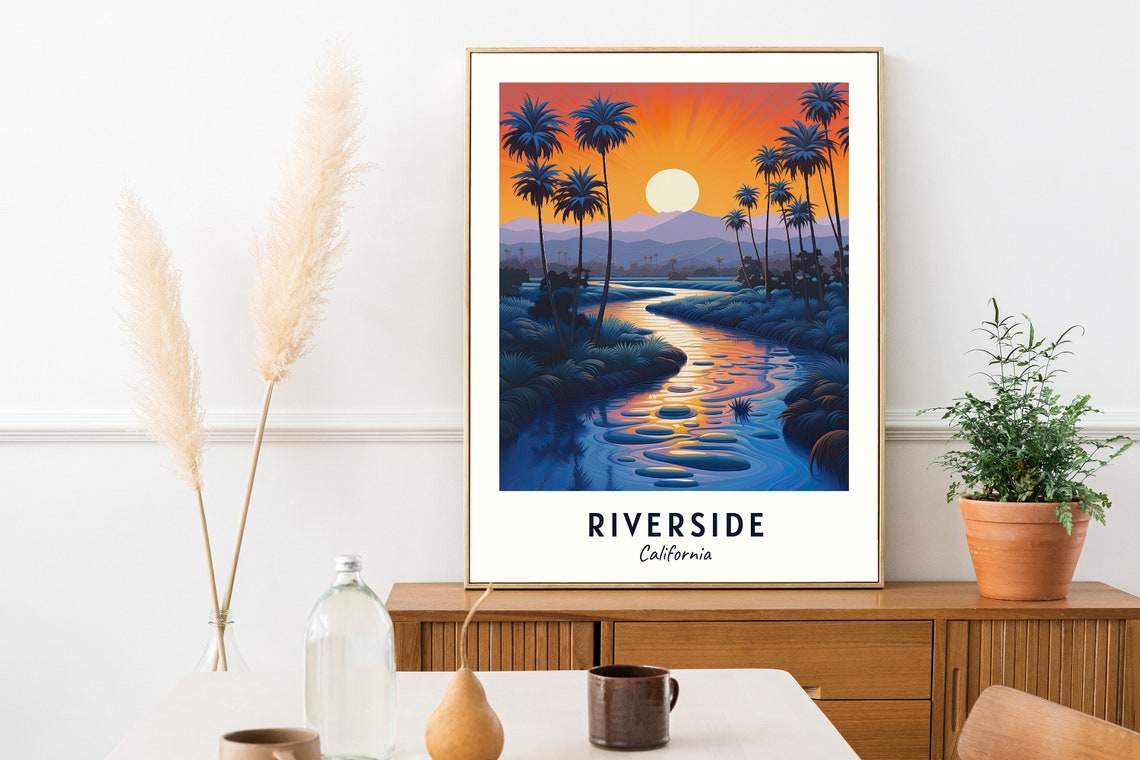 Riverside California Sunset Palm River Landscape Travel Poster - Image 2
