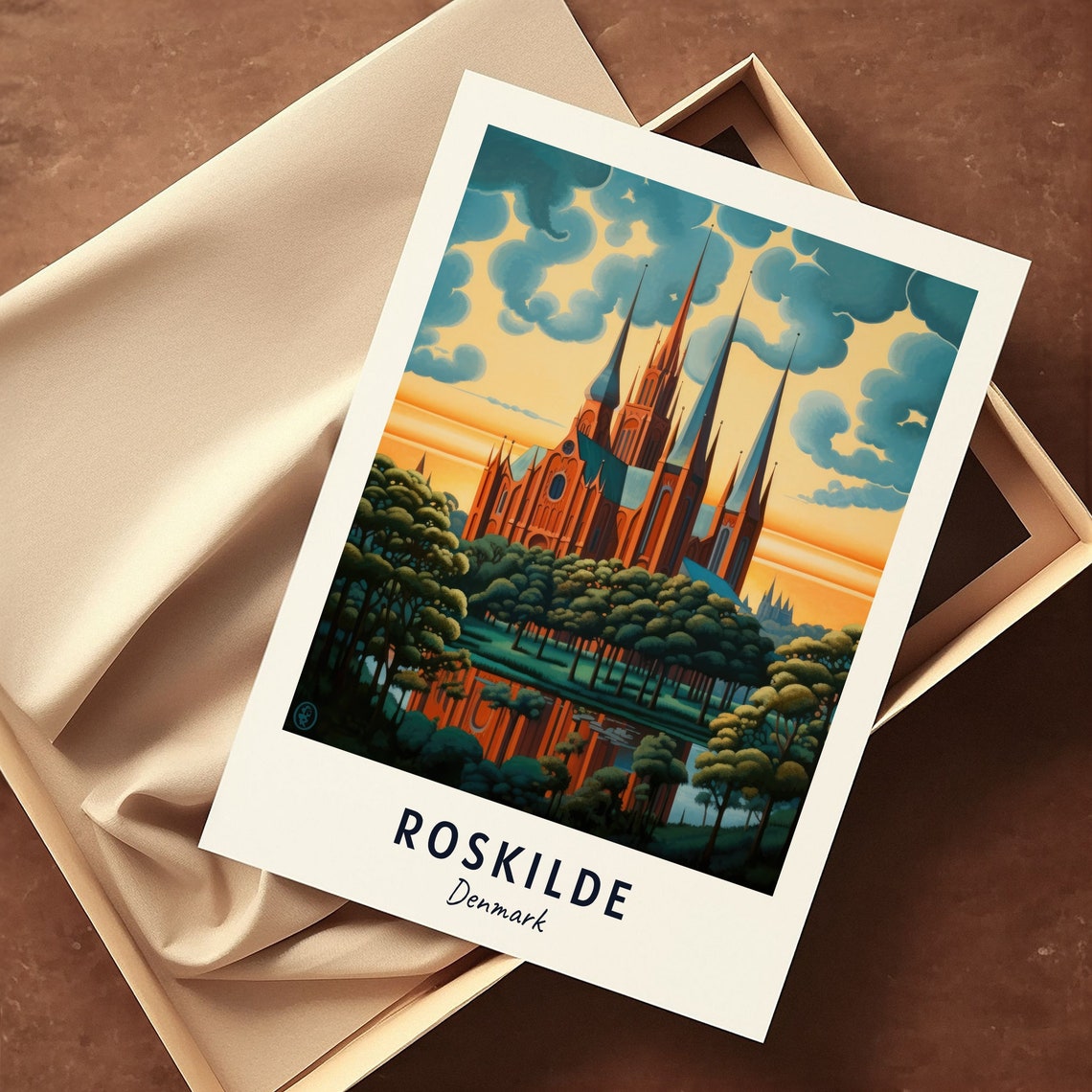 Roskilde Cathedral Twin Spires Sunset Water Trees Travel Poster - Image 3