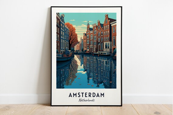 Amsterdam Netherlands Canal Houseboats Autumn Reflections Travel Poster