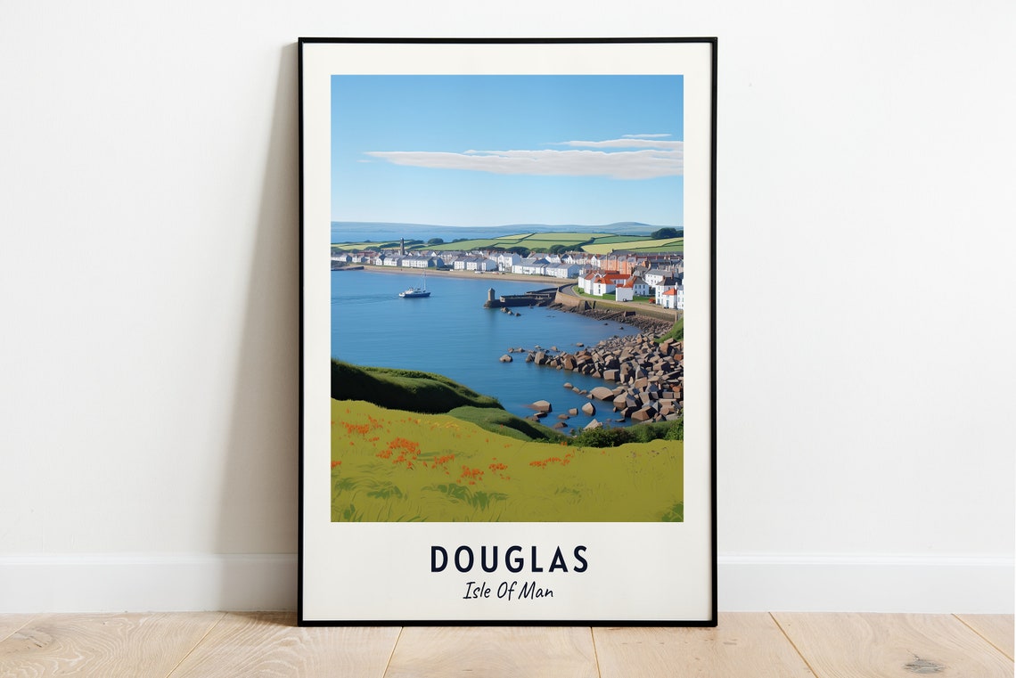 Douglas Isle of Man Harbor Coast Meadow View Scenic Travel Poster