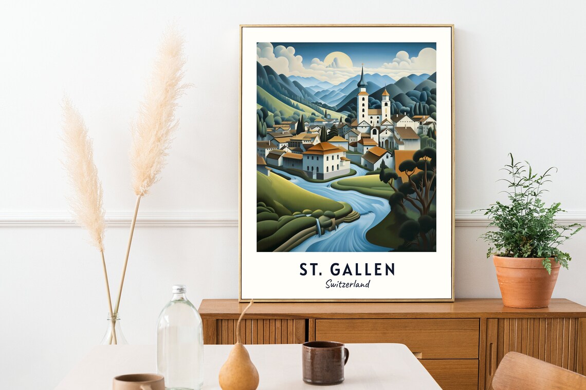 St Gallen Switzerland Alpine Valley Village Church Travel Poster - Image 2