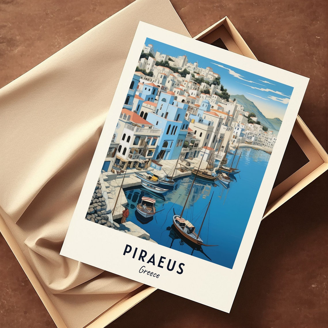 Whitewashed Harbor Town with Fishing Boats Piraeus Greece Poster - Image 3