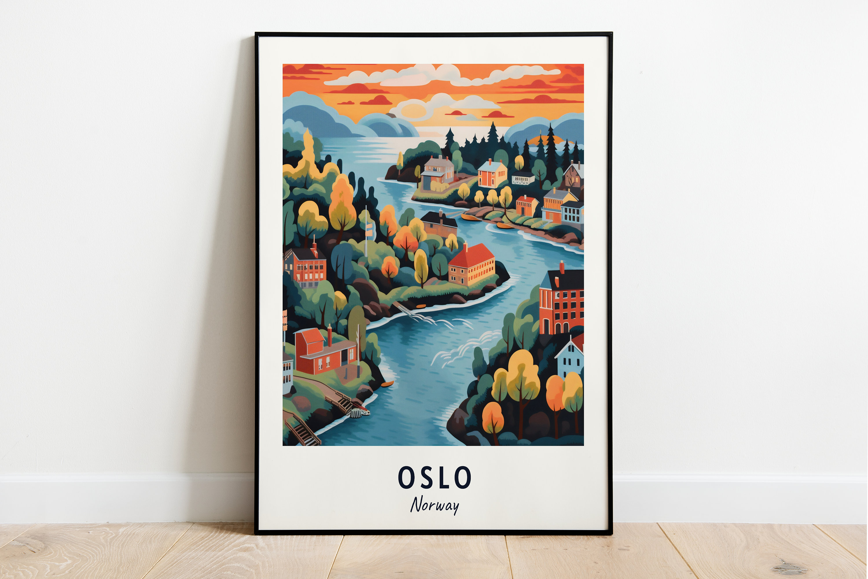 Oslo Norway Fjordside Town Autumn Sunset Waterfront Travel Poster