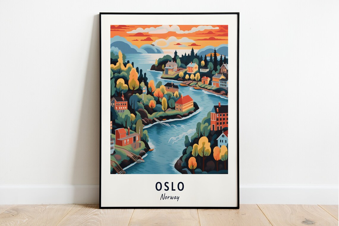 Oslo Norway Fjordside Town Autumn Sunset Waterfront Travel Poster