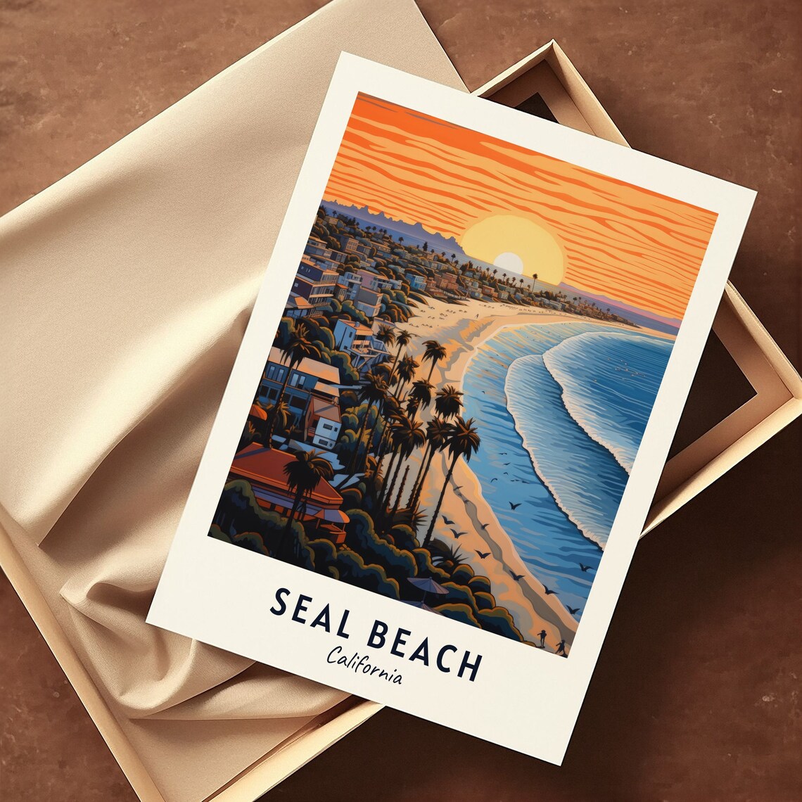 Seal Beach California Sunset Aerial Coastline Palms Travel Poster - Image 3