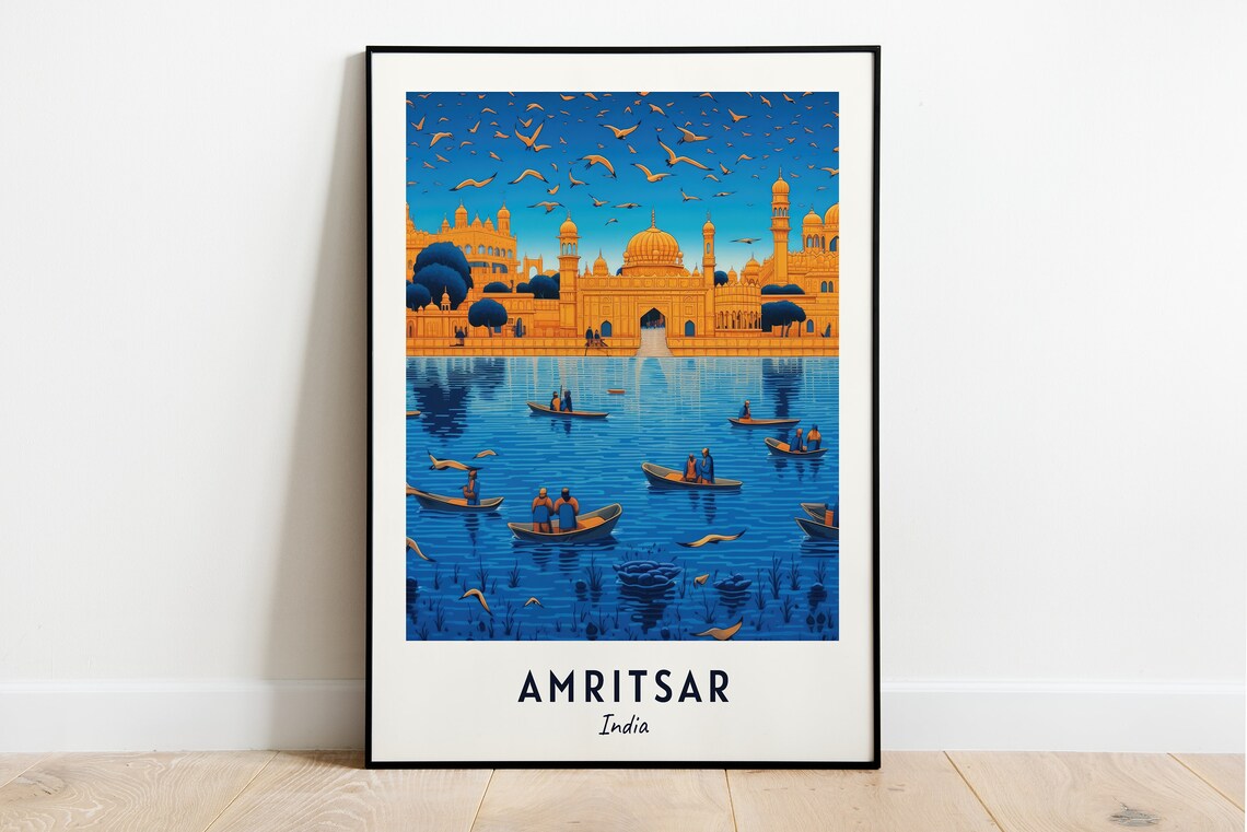 Golden Temple Sacred Lake Boats Birds Amritsar India Travel Poster