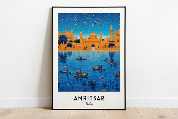 Golden Temple Sacred Lake Boats Birds Amritsar India Travel Poster