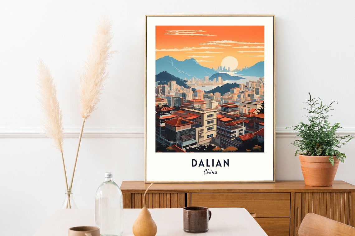 Dalian China Sunset Skyline Cityscape Over The Bay Travel Poster - Image 2