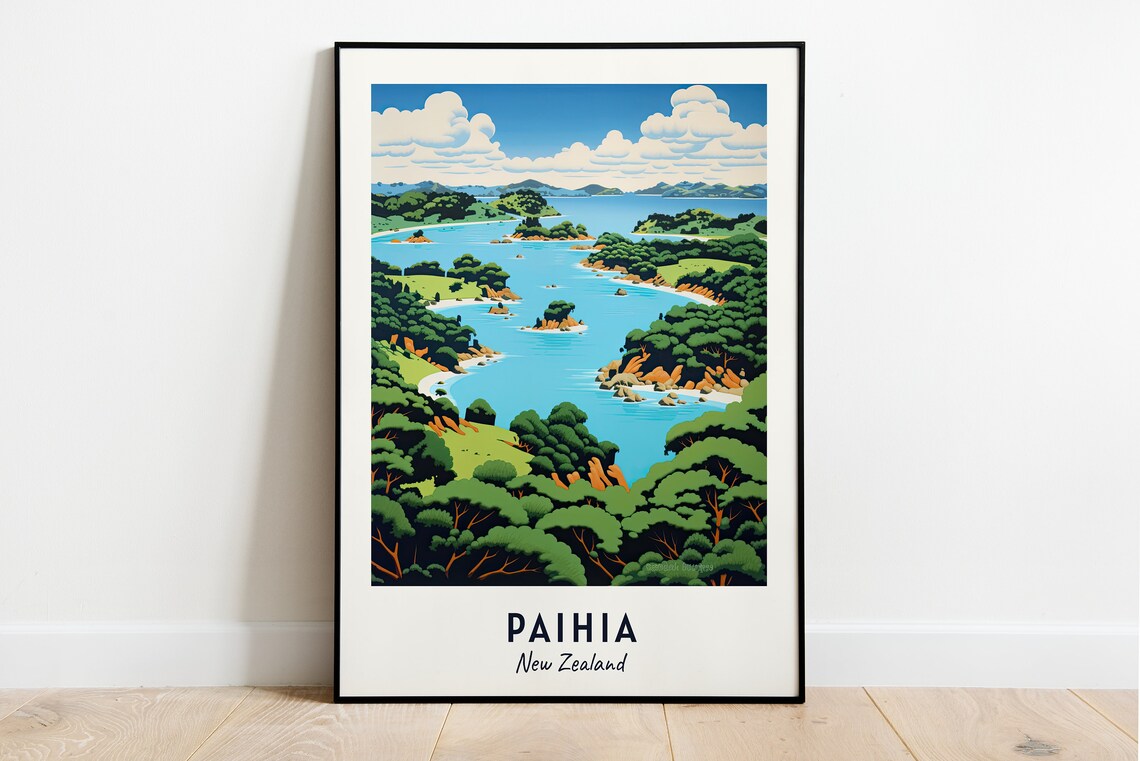 Paihia New Zealand Bay of Islands Panoramic Coastline Travel Poster